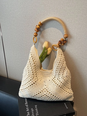 Bohemian Handmade Hollow Woven Tote Bag For Women Vintage Wood Beaded Handle Large Capacity Casual Beach Travel Handbag
