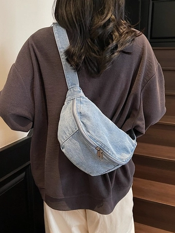 Washed Denim Halve Maan Borsttas voor Dames Casual Lichtgewicht Heuptas met Verstelbare Riem en Ritssluiting Schoudertas