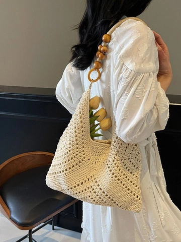 Bohemian Handmade Hollow Woven Tote Bag For Women Vintage Wood Beaded Handle Large Capacity Casual Beach Travel Handbag
