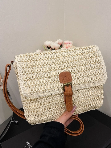Vintage Woven Straw Crossbody Bag For Women Summer Beach Small Square Bag With PU Leather Strap And Metal Buckle Casual Bag