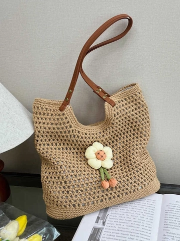 Borsa Tote in Maglia Intrecciata Casual da Donna Grande Capacità Borsa da Spiaggia a Rete Con Tracolla in Pelle Ciondolo a Fiore