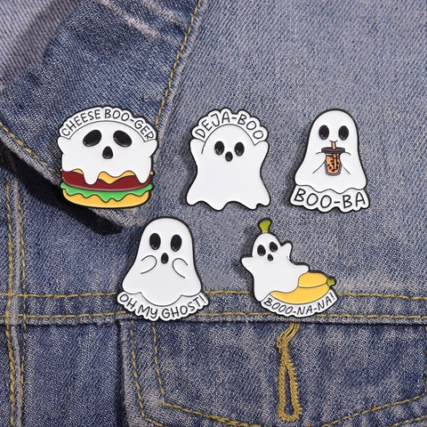 Mignon Ensemble de Pin's Émaillés Fantôme Halloween Drôle Fromage Boo-ger Boba Banane Fantôme Broches en Alliage Cadeau