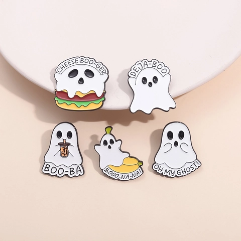 Spilla Smaltata Fantasma del Fumetto Carino Divertente Cibo Fusione Burger Banana Tè al Latte Distintivi Spilla in Lega di Halloween per Vestiti Borse Regalo