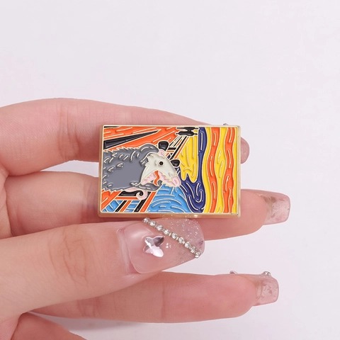 Broche en Émail Parodie de Peinture Célèbre Drôle Alliage Artistique Poulet Hurlant Opossum Corbeau Nuit Étoilée pour Décoration