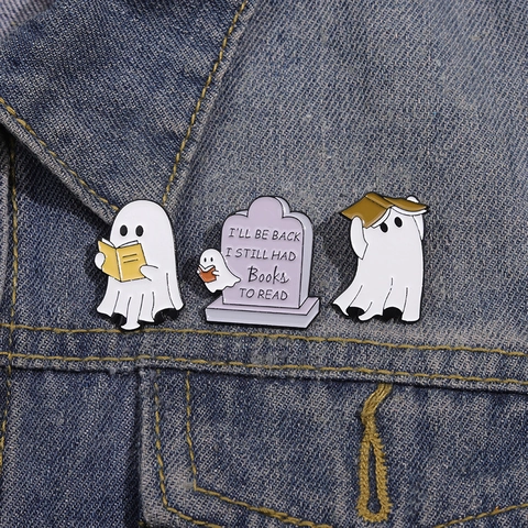 Spilla in Smalto di Halloween Creativa Fantasma Che Legge a Forma di Lapide Libri Distintivo in Lega Accessorio per Vestiti in Metallo Personalizzato