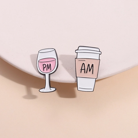 Cartoon Enamel Coffee Cup Wine Glass AM PM Letter Alloy Brooches Creative Badge Pin For Backpack Clothes Fashion Jewelry Unisex