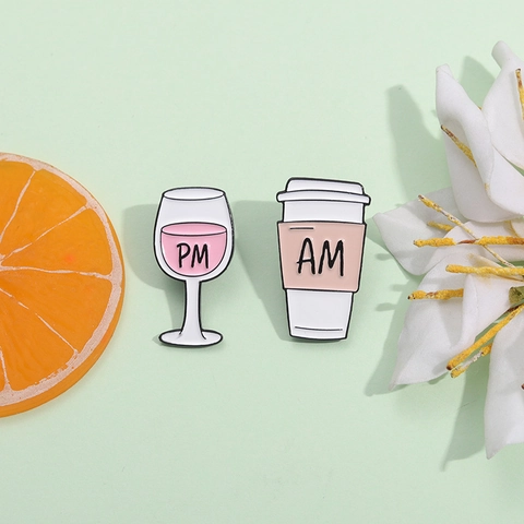 Cartoon Enamel Coffee Cup Wine Glass AM PM Letter Alloy Brooches Creative Badge Pin For Backpack Clothes Fashion Jewelry Unisex