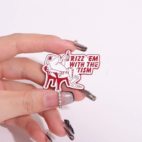Divertente Spilla in Lega di Smalto Rana Seduta Rizz 'Em With The 'Tism Meme Pin da Risvolto Rosso Bianco Gioielli per Uomo Donna