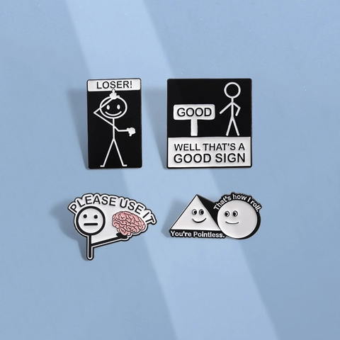 Humorous Alloy Stickman Enamel Pins Funny Slogan Brooches For Backpack Jacket Unisex Cartoon Badges Black White Enamel Jewelry Accessories