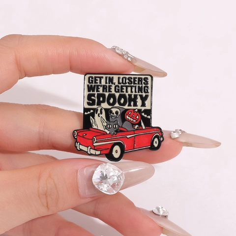 Halloween Legierung Emaille Pin Horrorfilm Charaktere Im Auto Slogan Brosche Geist Kürbis Skelett Abzeichen Schmuck Geschenk Für Kleidung Tasche