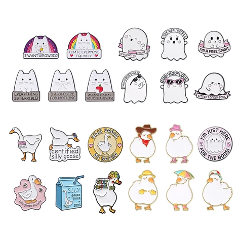 Broche de Aleación de Esmalte de Gato Ganso Fantasma Divertidos Eslóganes en Inglés Insignias Accesorios Para Sombreros Mochilas Chaquetas