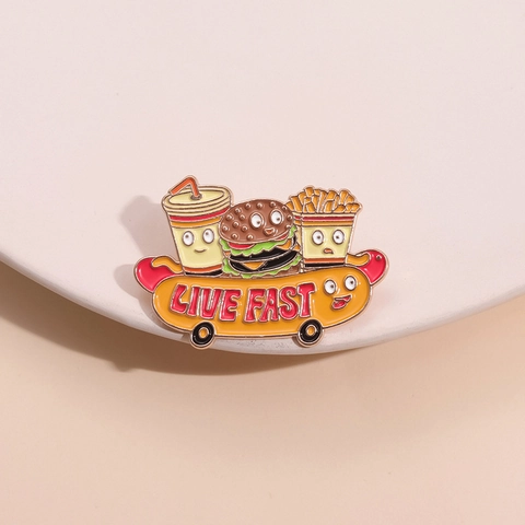 Funny Cartoon Fast Food Skateboard Enamel Brooch Zinc Alloy Hamburger Fries Cola Pin For Clothes Backpack Decoration Jewelry
