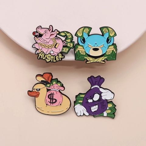 Hip-Hop Geld Thema Zinklegering Emaille Speld Broche Voor Rugzak Kleding Decoratie Roze Varken Gele Eend Blauwe Beer Speld