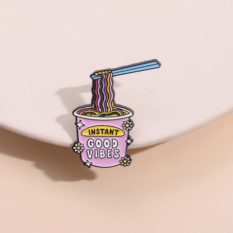 Creative Instant Noodles Cup Enamel Pin Instant Good Vibes Pink Ramen Brooch Cartoon Food Badge Zinc Alloy Jewelry For Clothes Bags