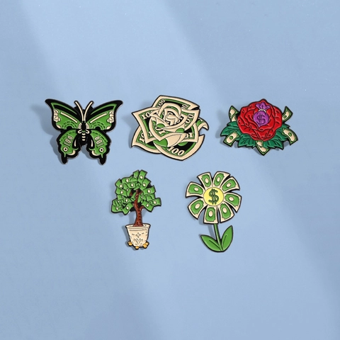 Alloy Enamel Brooch Pins Creative Dollar Rose Butterfly Fortune Tree Pattern For Clothes Bag Decoration Men Women Jewelry