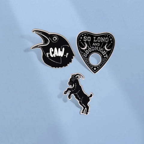 Gothic Enamel Brooch Pin Alloy Heart Planchette Standing Goat Crow Head Badge For Clothing Backpack Accessories Men Women