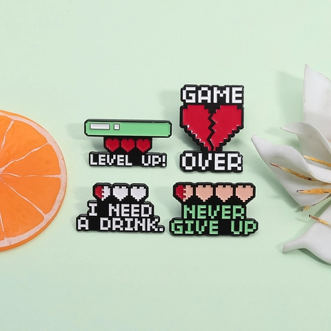 Pixel Art Game Over Level Up Enamel Brooch Pin Retro Game Heart Health Bar Alloy Badge For Backpack Clothes Accessory Pin