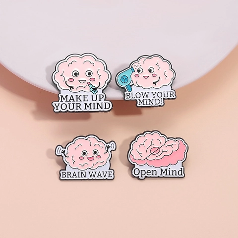 Mignonne Broche en Émail de Cerveau de Dessin Animé Amusant Open Mind Make Up Your Mind Brain Wave Blow Your Mind Badge