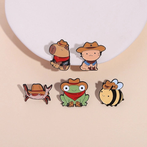 Cartoon Tier Cowboy Hut Emaille Brosche Pin Legierung Capybara Frosch Biene Katze Krabbe Western Stil Revers Abzeichen