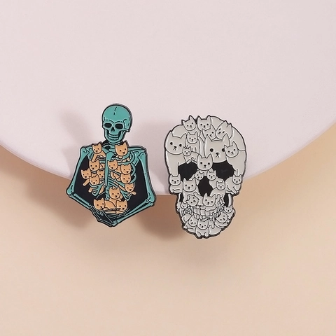 Halloween Katze Skelett Emaille Pin Cartoon Totenkopf Legierung Abzeichen Brosche Für Kleidung Rucksack Dekoration Schmuck Geschenk