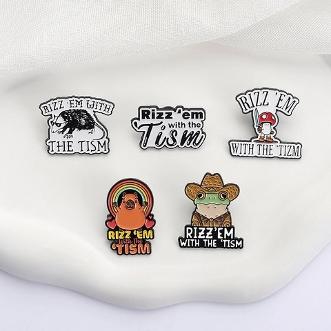 Funny Cartoon Animal Enamel Brooch Pins Rizz Em With The Tism Cowboy Frog Capybara Opossum Mushroom Zinc Alloy Lapel Pins For Backpack Hat Accessories