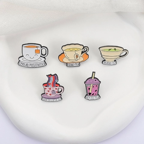 Creative Tea Coffee Cup Enamel Pin Badge Cute Cartoon Boba Milk Tea Zinc Alloy Brooch Funny Pun Metal Badge Accessory For Clothes Backpack