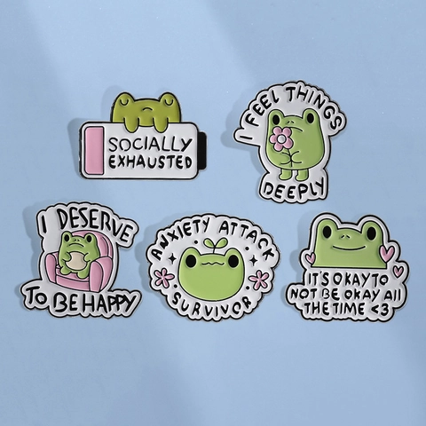 Cartoon Frog Enamel Brooch Pin Mental Health Quote Zinc Alloy Badge For Backpack Clothing Accessory Aesthetic Jewelry For Men Women