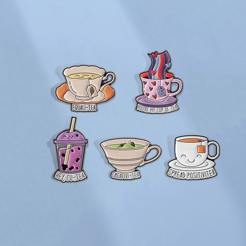 Creative Tea Coffee Cup Enamel Pin Badge Cute Cartoon Boba Milk Tea Zinc Alloy Brooch Funny Pun Metal Badge Accessory For Clothes Backpack