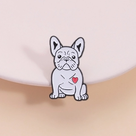 Cute Cartoon White French Bulldog Enamel Brooch With Red Heart Zinc Alloy Animal Pin Badge For Clothes Bag Accessories