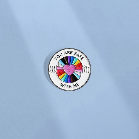 You Are Safe With Me Enamel Brooch Rainbow Heart Hugging Hands Lapel Pin Zinc Alloy Badge For Clothes Bag Decoration Unisex