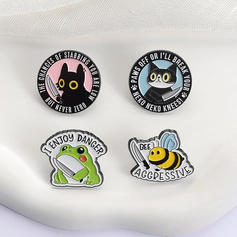 Funny Humorous Slogan Cartoon Animal Enamel Pin Black Cat Bee Frog Holding Knife Alloy Badge For Bag Clothes Decor Gift