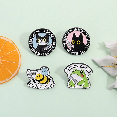 Funny Humorous Slogan Cartoon Animal Enamel Pin Black Cat Bee Frog Holding Knife Alloy Badge For Bag Clothes Decor Gift