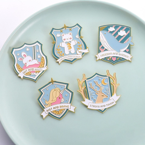 Animal Enamel Pin Brooch Zinc Alloy Shield Shape Rabbit Whale Elk Unicorn Inspirational Quote Badge Jewelry Gift Women
