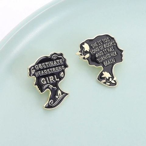 Vintage Literary Enamel Brooch Zinc Alloy Black Gold Female Silhouette Jane Austen Quote Badge Pin Jewelry Accessory