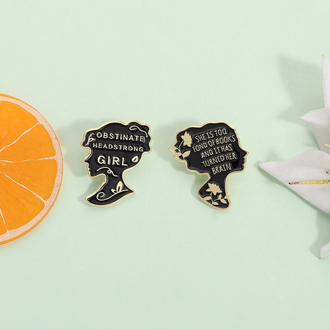Jane Austen Literary Quote Enamel Pin Obstinate Headstrong Girl Profile Silhouette Alloy Brooch For Book Lovers Gifts