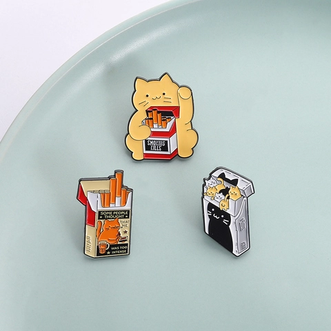 Creative Cartoon Cat Cigarette Box Enamel Pin Zinc Alloy Funny Animal Badge Brooch For Backpack Clothing Accessories Unisex Gift