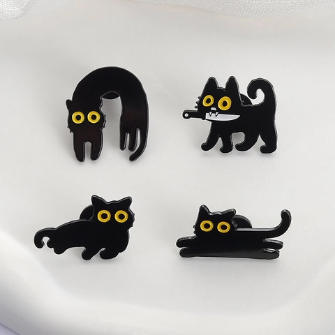 Ensemble de Broches Pin's Chat Noir Dessin Animé Mignon Badge Chat au Couteau Drôle Alliage de Zinc Vernis de Cuisson Bijoux pour Sac à Dos Vêtements Cadeau