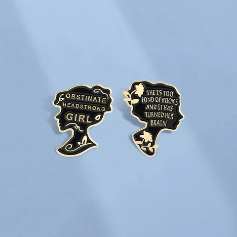 Vintage Literary Enamel Brooch Zinc Alloy Black Gold Female Silhouette Jane Austen Quote Badge Pin Jewelry Accessory