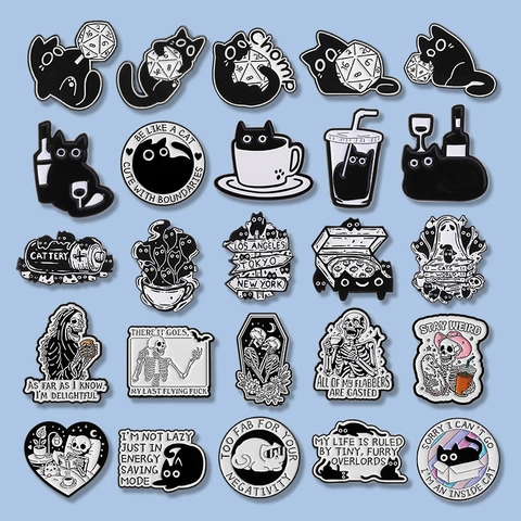 Black White Enamel Pin Cartoon Cat Skeleton Ghost Alloy Brooch For Backpacks Clothing Halloween Gift For Women Men