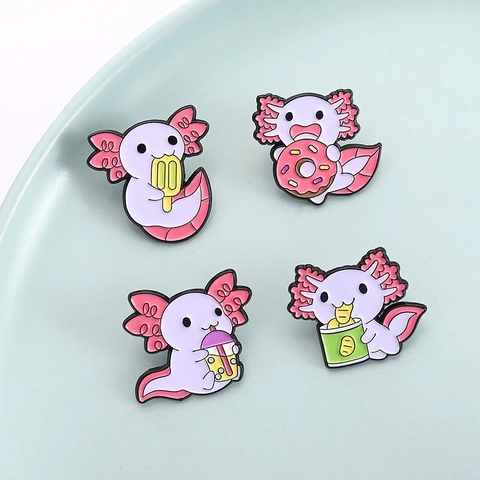 Broche Émail Axolotl Dessin Animé Mignon en Alliage de Zinc Axolotl Boit Thé aux Perles Mange Beignet Pins Animaux pour Sac