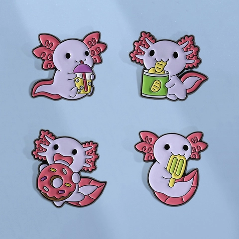 Broche Émail Axolotl Dessin Animé Mignon en Alliage de Zinc Axolotl Boit Thé aux Perles Mange Beignet Pins Animaux pour Sac