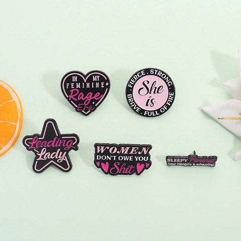 Creative Feminist Quote Enamel Brooch Pin Set Heart Star Round Shape Alloy Slogan Lapel Pins For Clothing Bags Decoration