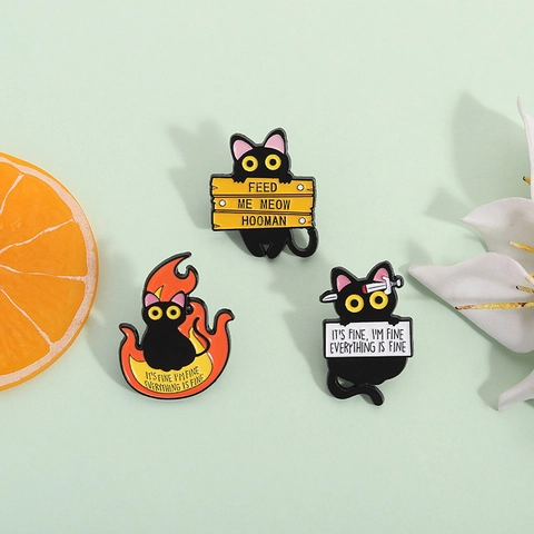 Funny Cartoon Black Cat Enamel Brooch Alloy Creative Flame Quotes Jewelry Lapel Pin Personality Black Cat Everything Is Fine Pin
