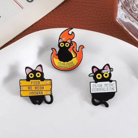 Funny Cartoon Black Cat Enamel Brooch Alloy Creative Flame Quotes Jewelry Lapel Pin Personality Black Cat Everything Is Fine Pin