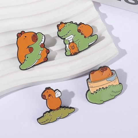 Épingle en Émail Mignonne Capybara Et Crocodile en Alliage Laqué Broche Animale pour Sac à Dos Veste Vêtement Bijoux Créatifs Décoration Cadeau