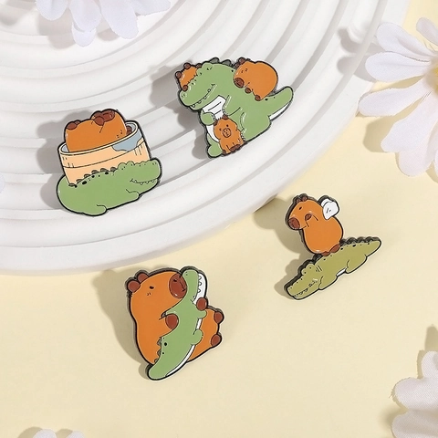 Cute Cartoon Capybara Crocodile Enamel Brooch Zinc Alloy Lacquered Badge Backpack Accessories Gift Animal Pin Jewelry For Unisex