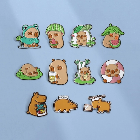 Cartoon Capybara Enamel Pin Cute Animal Brooch Zinc Alloy Badge For Backpack Clothing Jacket Summer Watermelon Frog Pattern Decorative Jewelry Gift