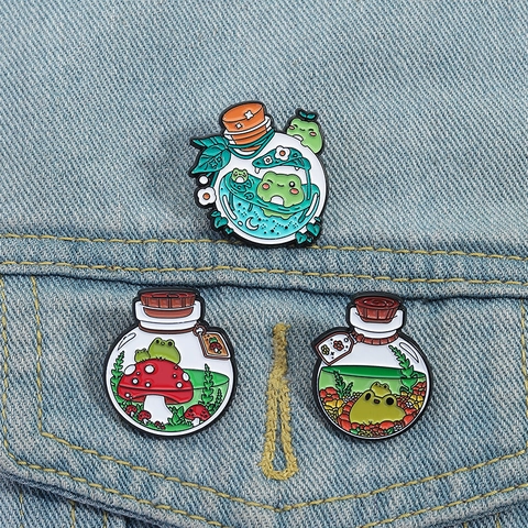 Cute Cartoon Frog In A Bottle Enamel Pin Badge Alloy Mushroom Plant Brooch For Backpack Clothing Accessories Women Kids Gift
