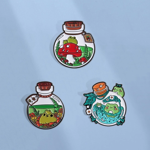 Cartoon Frog Enamel Pin Zinc Alloy Animal Mushroom Drift Bottle Brooch For Women Men Backpack Clothes Decoration Jewelry Gift