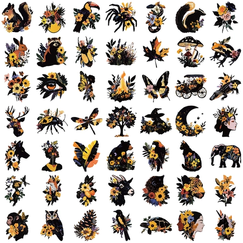 Nature Theme Waterproof PET Stickers Black Silhouette Floral Animals Plants Decals For DIY Scrapbook Journal Laptop Guitar